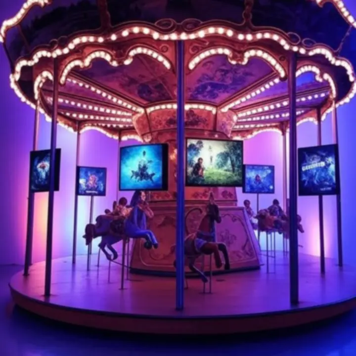 Carrousel met opvallende gamecovers en neonaccenten