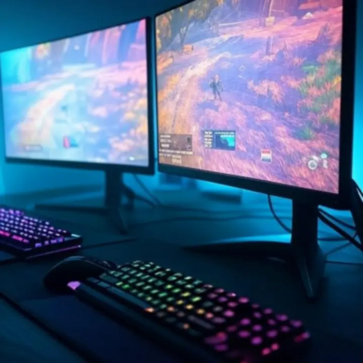 Stijlvolle gaming hero banner met neonlichten en gamewereld visuals