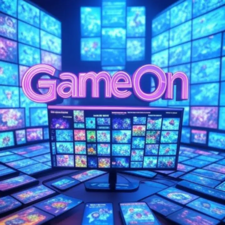 Dynamische collage van moderne gaming cover art en neon verlichte interface