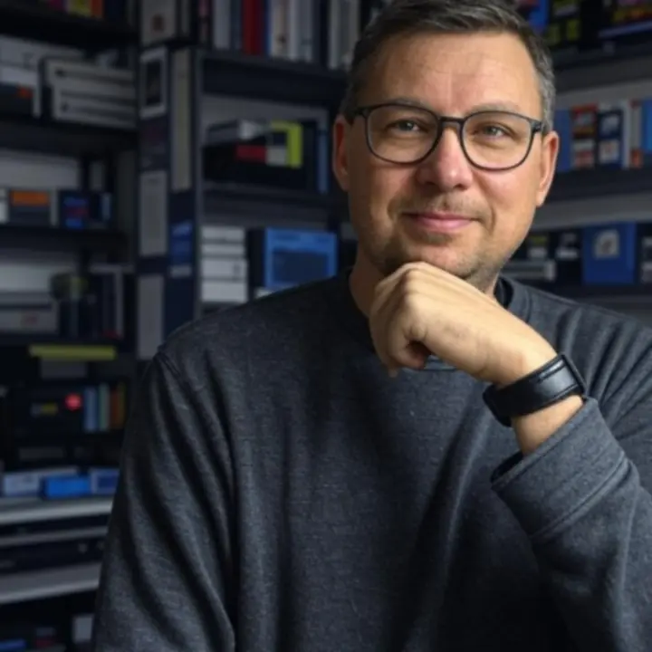 Portret van Spellino's toonaangevende gamecriticus voor een neon gaming-achtergrond.